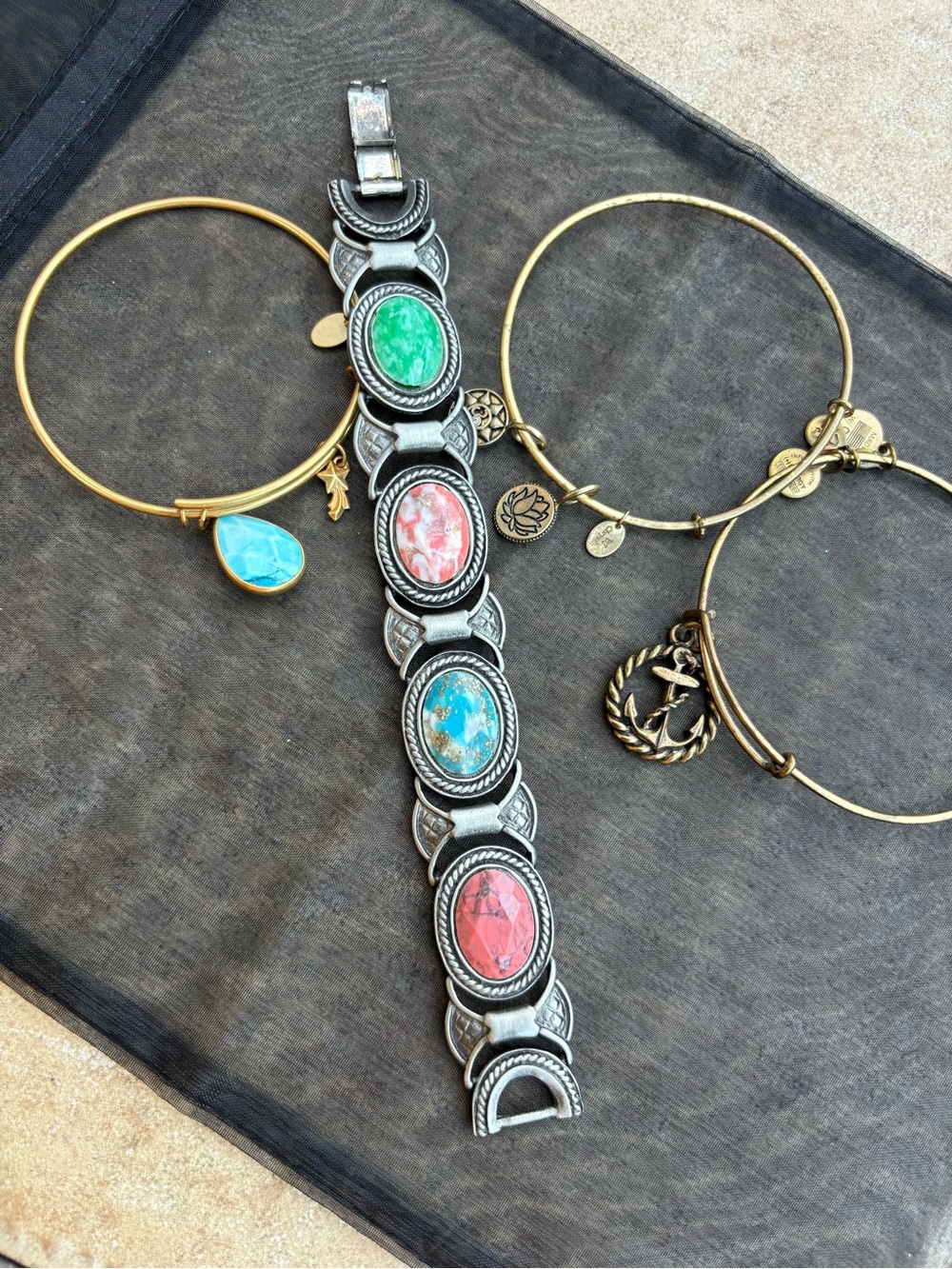 Multi-Stone Silver Tone Bracelet with Turquoise, Green, Pink and Coral Stones